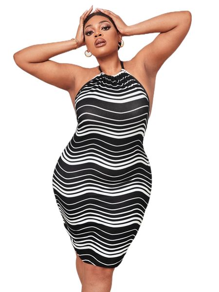 

sxy plus striped tie backless halter dress l3ok#, Black