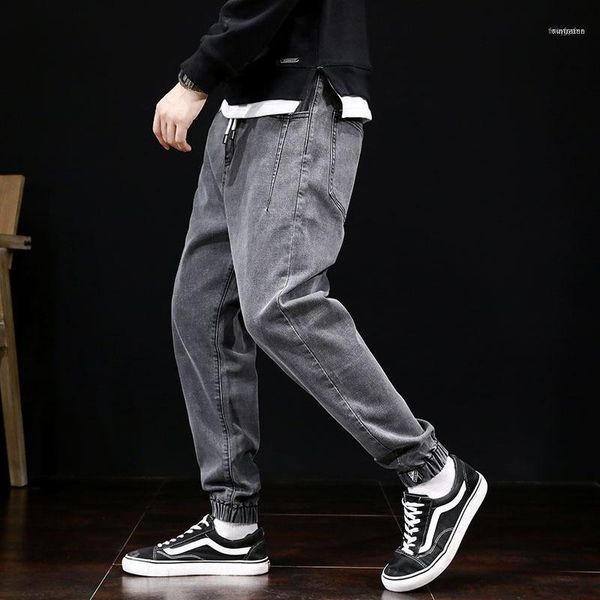 

men's jeans fashion streetwear men loose fit vintage harem pants multi pockets denim cargo slack bottom hip hop jogger men1, Blue