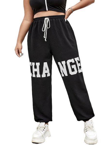 

plus letter graphic drawstring waist sweatpants b4h3#, Black