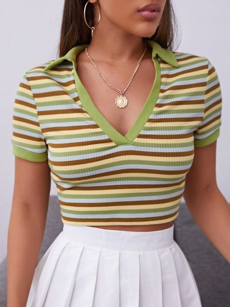

v neck striped print rib-knit crop tee c849#, White