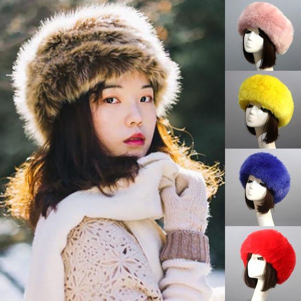 Berretti Spessore peloso Fascia per capelli Soffici berretti russi Moda Caldo cappello di pelliccia sintetica per le donne Ragazze Inverno Outdoor Vuoto Top Cappelli da sciBerets BeretsBere