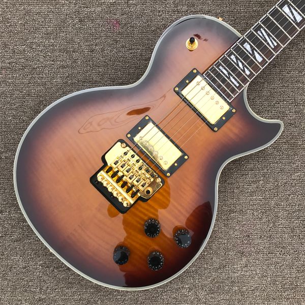 

custom lp electric guitar, gold hardware, rosewood fingerboard, double tremolo bridge, back concave waist, solid mahogany body guitar