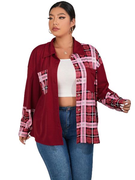 

plus tartan patched pocket drop shoulder coat i5dr#, Black