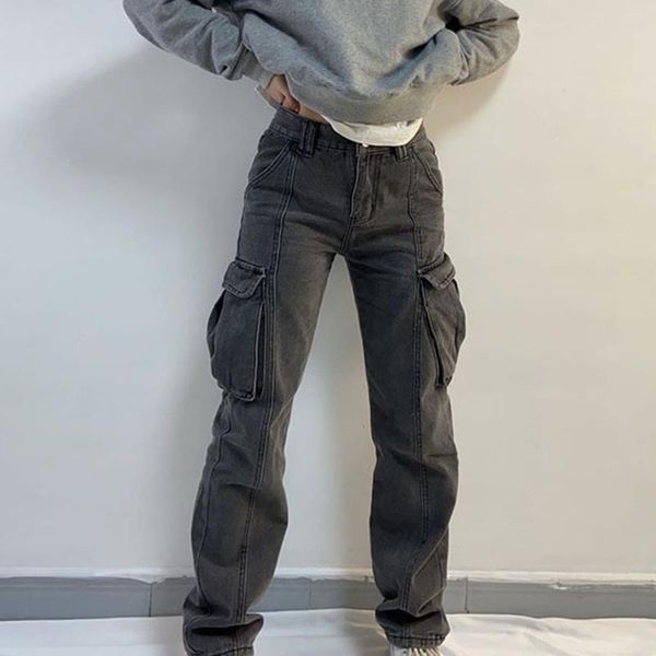 

women cargo trousers straight cargo jeans pants high waist vintage pantalon streetwear femme mujer multi pocket, Black;white