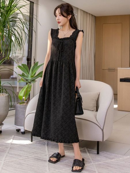 

dazy floral embossing frill trim knot front dress a8eg#, Black;gray