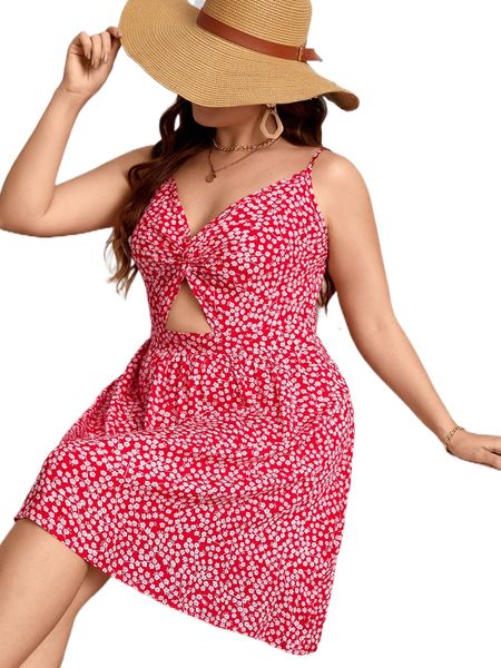 

plus ditsy floral cut out twist front cami dress 76yq#, Black