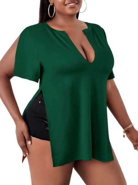 

plus notched neckline split hem tee t3co#, Black