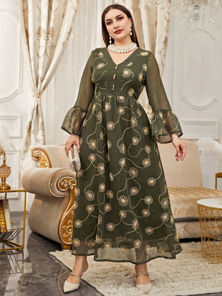 

plus random floral embroidery flounce sleeve maxi dress t8ue#, Black