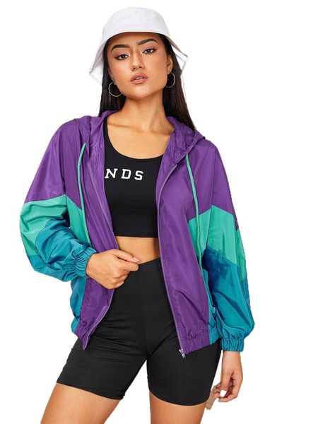 

colorblock drawstring hooded windbreaker jacket t1da#, Black;brown