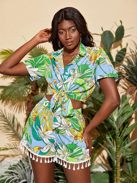 

floral print tie waist blouse u52t#, White