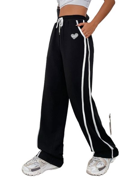 

heart patched detail contrast tape side drawstring waist pants 29ym#, Black;white