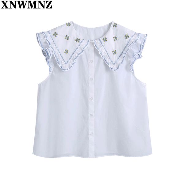 

xnwmnz women sweet embroidery peter pan collar white poplin shirt female sleevelss ruffle blouse roupas chic chemise 210513