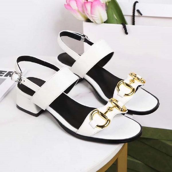 

classic fashion slides sandals lady summer sandals designer metal buckle large size leather thick bottom high heeled women shoe bagshoe1978, Black