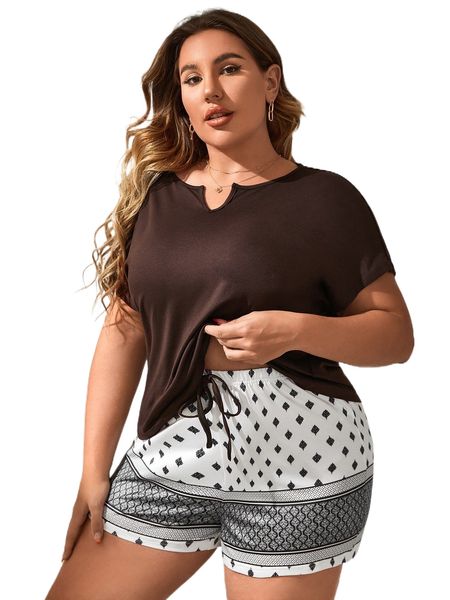 

plus notched neck batwing sleeve tee & geo print shorts pj set u90i#, Black;white