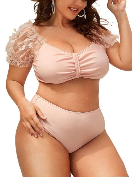 

plus ruched contrast mesh appliques high waist bikini swimsuit o2tw#, White;black
