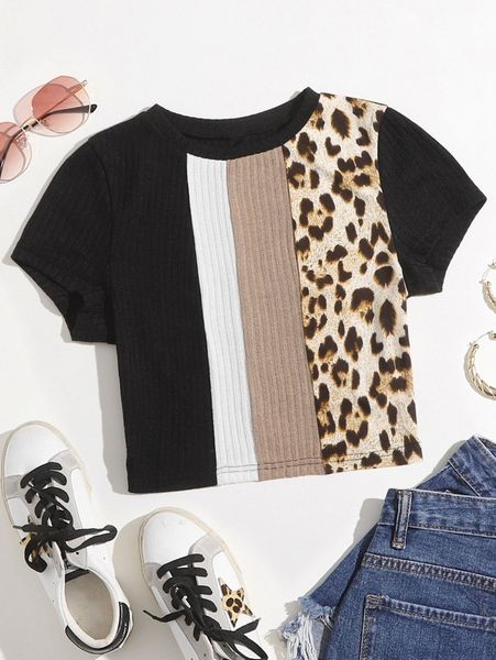

leopard print colorblock rib-knit tee i0tb#, White