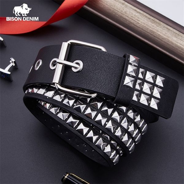 

bison denim fashion belt rivet for women&men studded punk rock with pin buckle woman black ceinture femme 220316, Black;brown