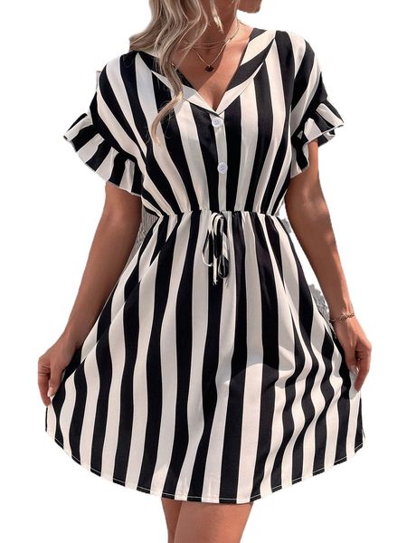 

vertical striped flounce sleeve knot front dress j3jo#, Black;gray