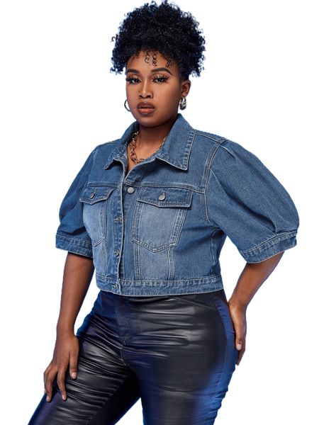 

plus flap pocket plicated detail puff sleeve denim jacket g3vc#, Black;brown