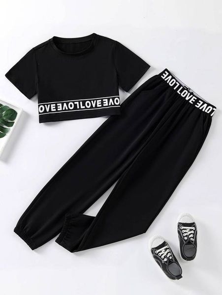 

girls letter graphic tee & sweatpants she01, White