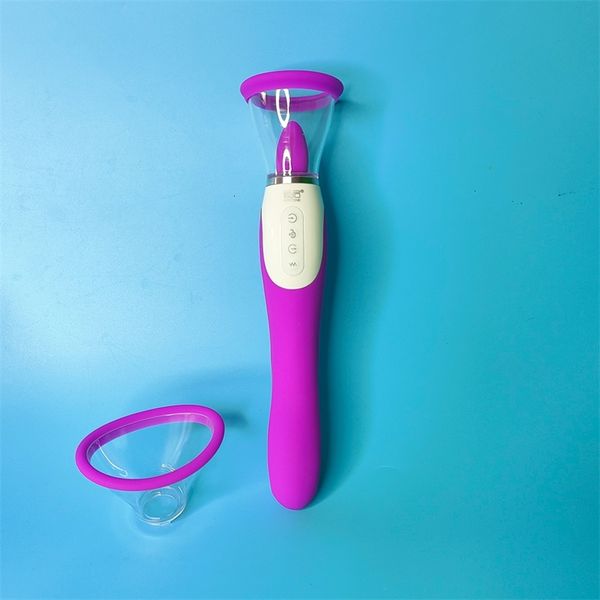 Massaggiatore giocattolo del sesso Ventosa per capezzoli in silicone Clitoride Succhiare Leccare la lingua Riscaldamento Dildo Vibratore Giocattoli per donna