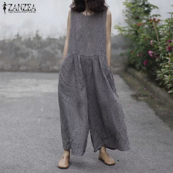 

summer rompers zanzea women retro plaid check loose wide leg jumpsuits casual sleeveless cotton linen baggy overalls oversized y200422, Black;white