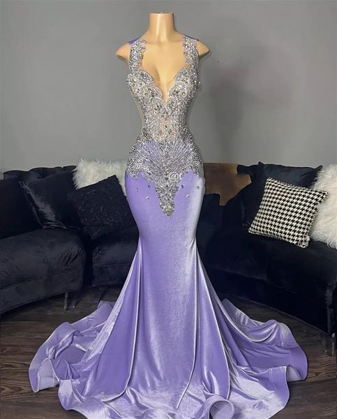 Light Purple Velvet Mermiad Prom Dresses 2022 For Black Girls Luxury Beaded Spaghetti Graduations Dresses Birthday Party Gowns