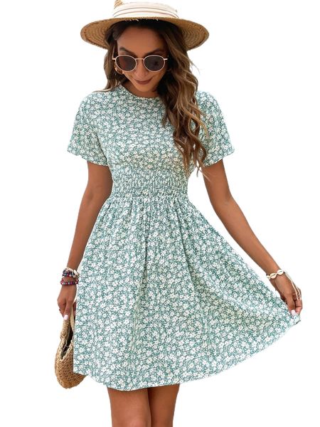 

ditsy floral shirred waist a-line dress v4ho#, Black;gray