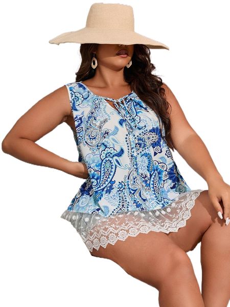 

plus paisley print tie neck contrast embroidery mesh d9xa#, Black