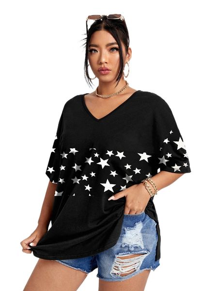 

plus star print split hem drop shoulder tee y0yc#, Black