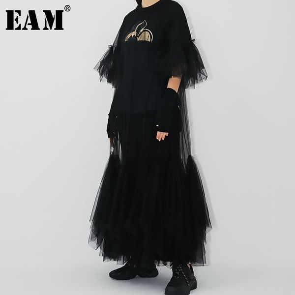 

eam women black mesh ruffles long bigs size dress round neck half sleeve loose fit fashion spring summer jr771 y200805, Black;pink