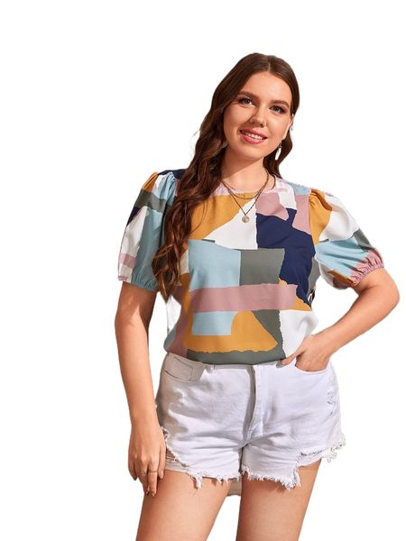 

plus all over print puff sleeve keyhole back blouse k9hf#, Black