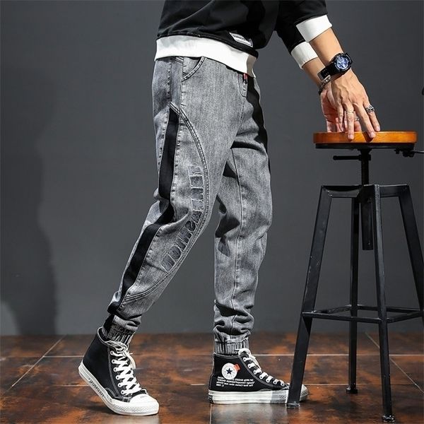 

men's fashion pants elastic band overweight large size jeans male ankle length patchwork streetwear plus man cowboy trouser 220328, Blue