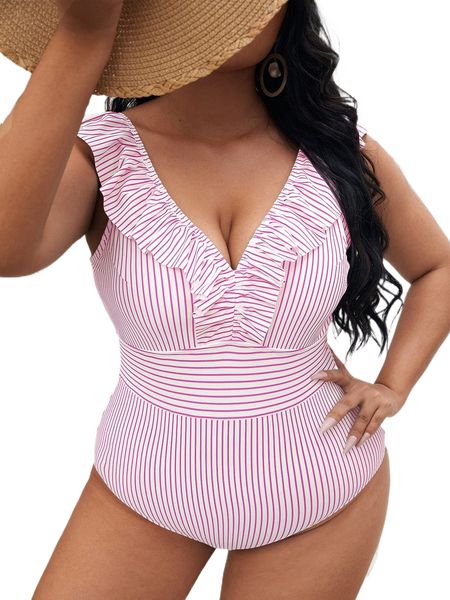 

plus striped ruffle trim one piece swimsuit h9fg#, White;black