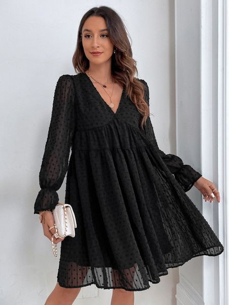 

solid swiss dot smock dress k6iu#, Black;gray