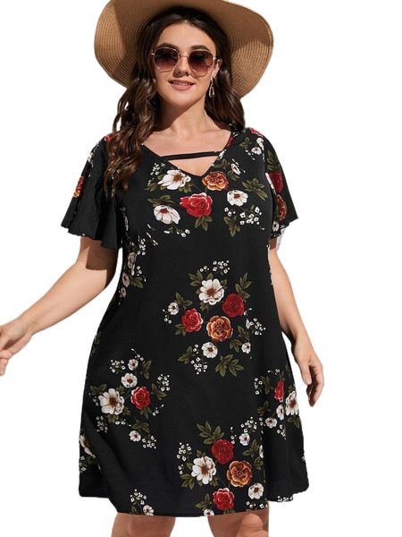 

plus floral print cut out front flutter sleeve tunic dress j0ah#, Black