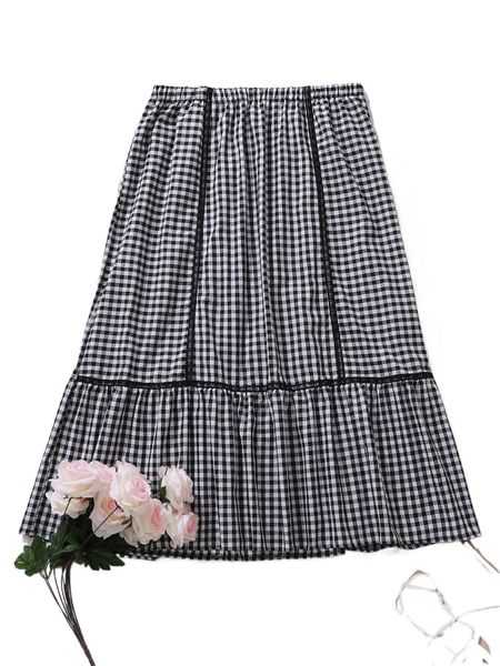 

plus gingham stitching ruffle hem skirt v0r3#, Black