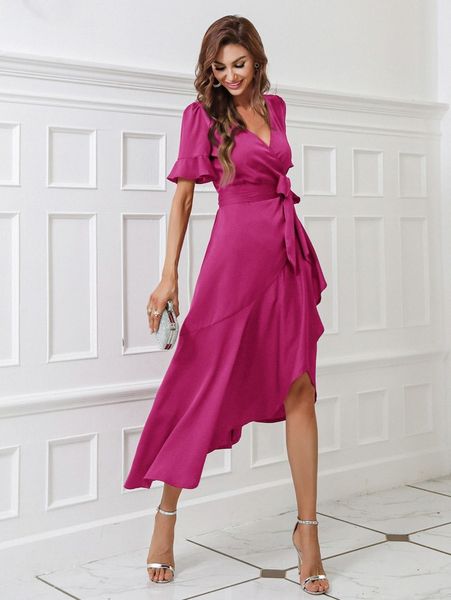 

solid flounce sleeve belted wrap dress 922j#, Black;gray