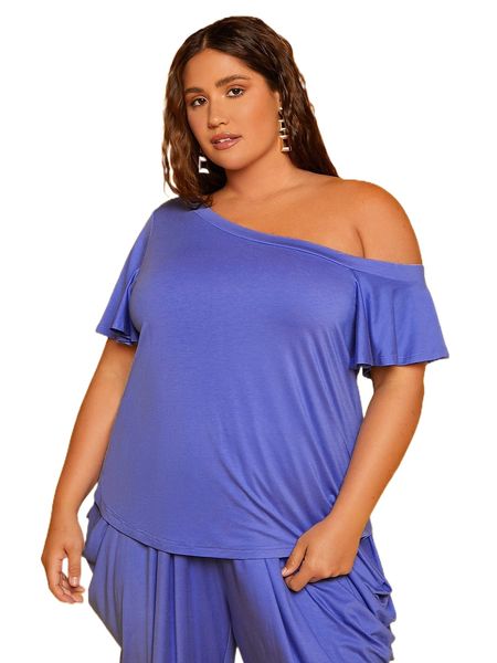 

evolu plus asymmetrical neck ruffle trim tee o3gr#, Black