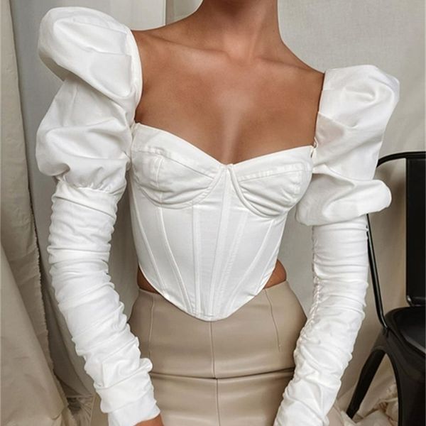 

cute elegant romantic irregular croped corset women stylish puff sleeve vacation crop skinny casual streetwear female 220408, White