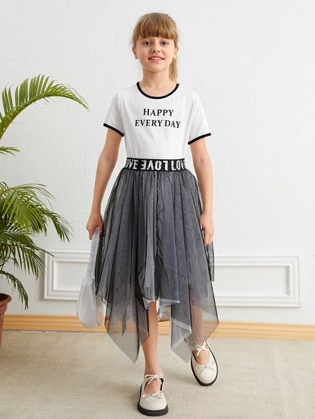 

girls slogan graphic contrast binding tee & asymmetrical hem mesh skirt she, White