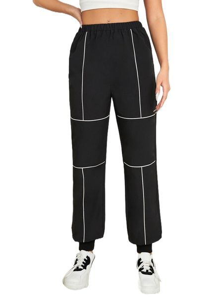 

petite contrast piping tapered pants z6gn#, Black;white