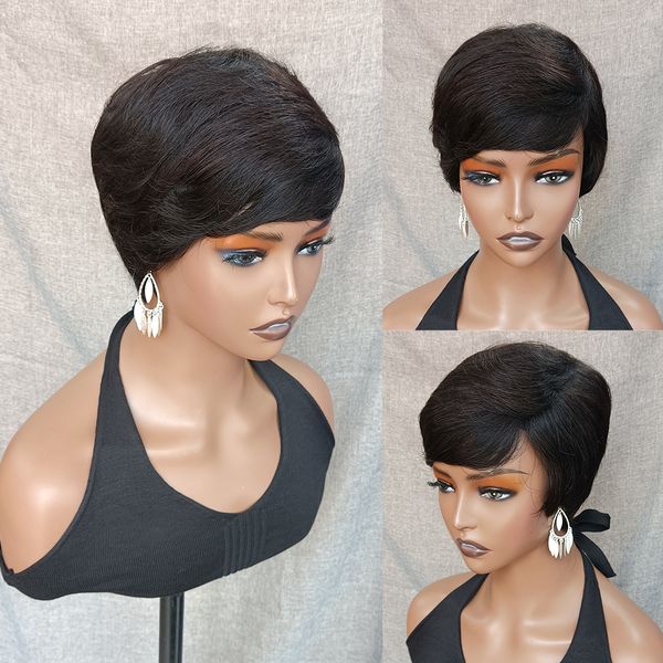

lx brand straight short bob wig with bangs pixie cut brazilian human hair wigs virgin full manchine made human hair wigs for womenfact, Black