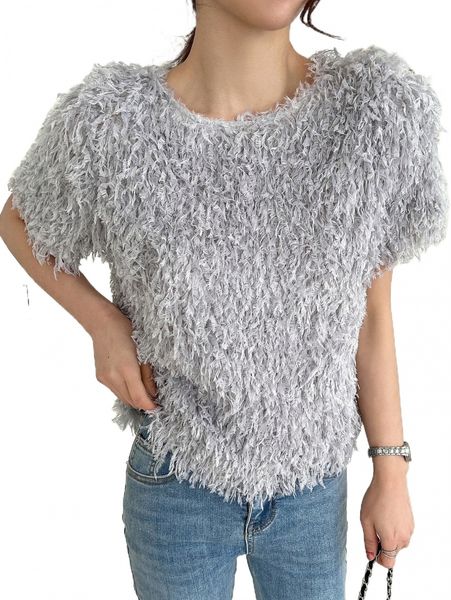 

dazy solid crew neck fuzzy tee 2210#, White