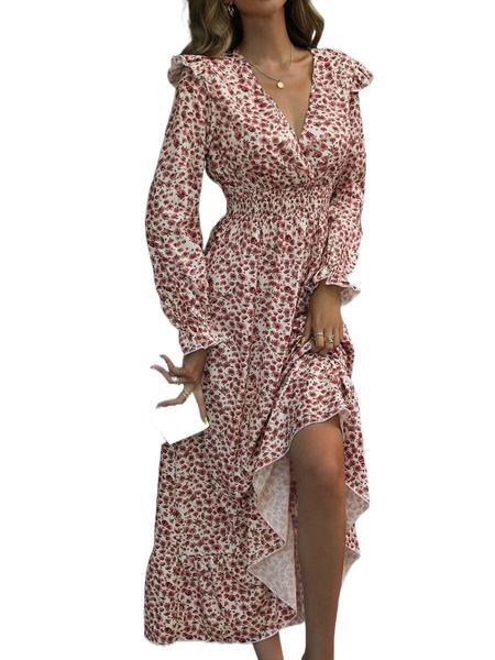 

ditsy floral shirred waist flounce sleeve ruffle hem dress g94a#, Black;gray
