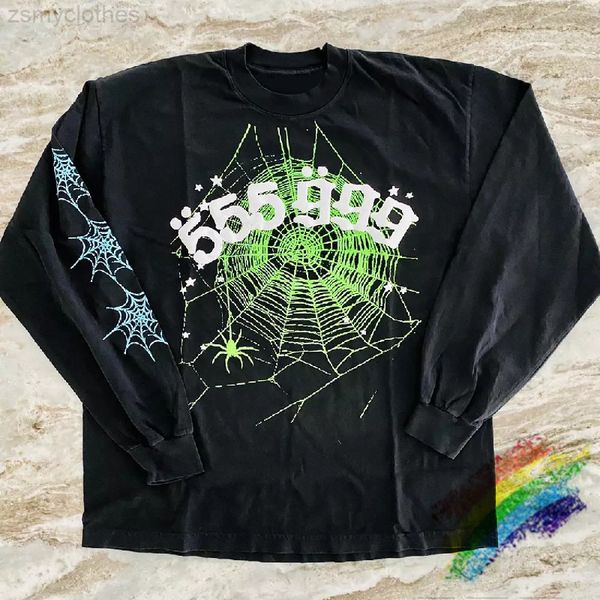 

2021ss young thug sp5der 555555 long sleeve t shirt men women green printing spider web pattern t-shirt tees, Black