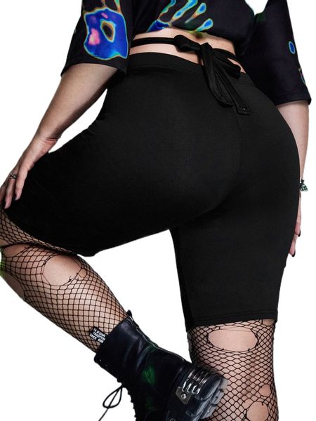 

plus criss cross tie back biker shorts without fishnet socks r9ga#, Black