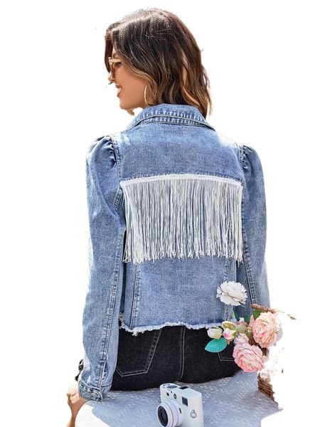 

fringe trim puff sleeve raw cut denim jacket 90at#, Black;brown