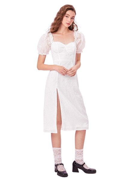 

mod gingham sweetheart neck puff sleeve split thigh dress 480e#, Black;gray