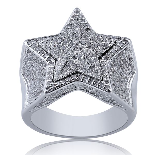 

men ring women hip hop rapper 14k gold plating rings for man fashion five-pointed star hiphop silver ring bling 3a cubic zirconia stone men&, Golden;silver